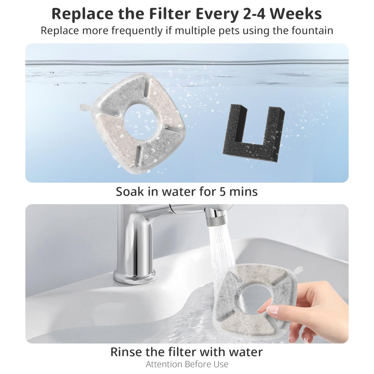 Pet Fountain Filters Replacement Fit for 135oz/4L Dog Water Fountain, 4 Pack Cat Water Fountain Replacement Filters (4 Filters+2 Sponges)