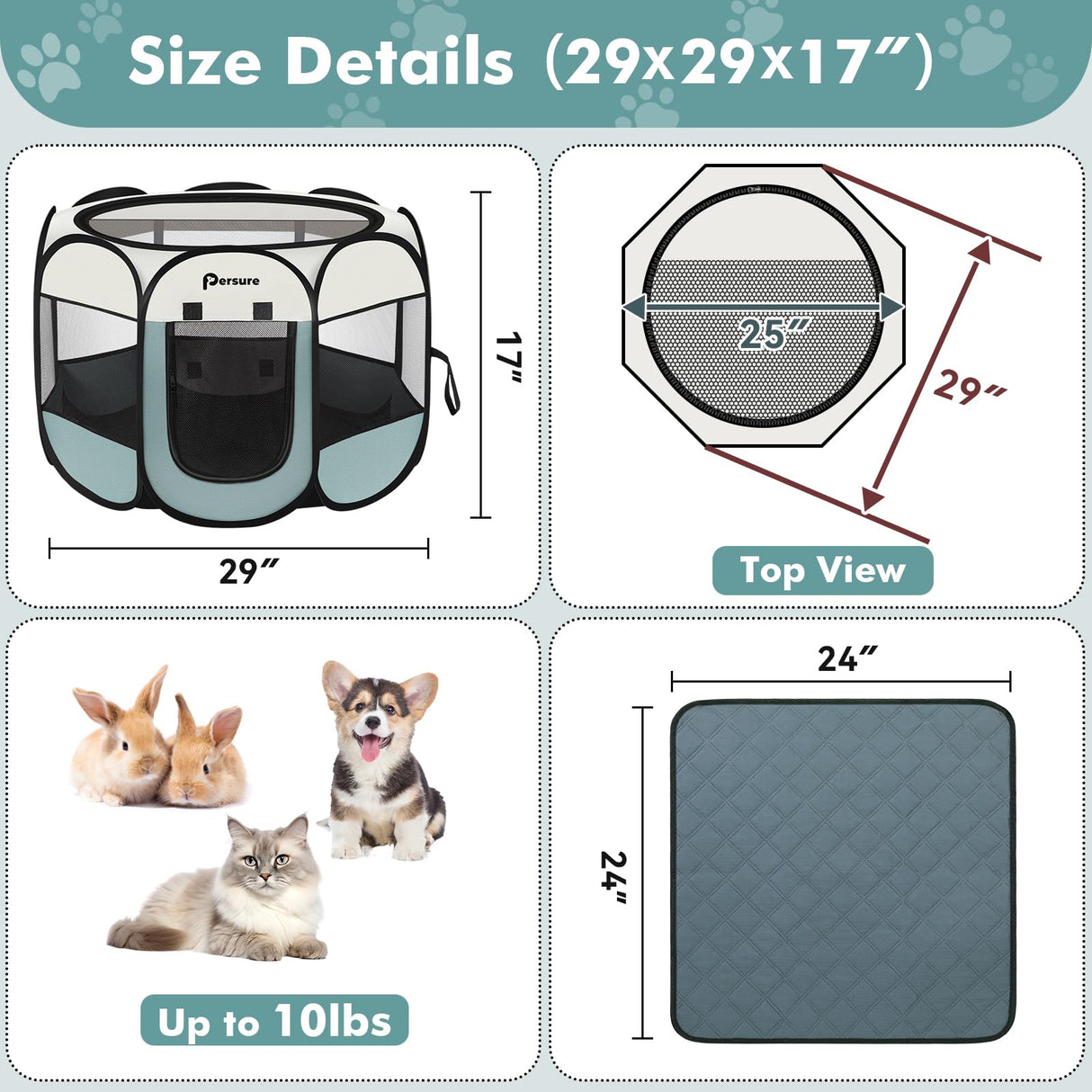 Dog Cat Playpen Indoor Outdoor for Puppy Pet Dogs Cat Travel and Recovery After Surgery, Dog Enclosure Tent Crates Cage, Portable Pop Up Dogs Kennel with Carrying Case(Grey, Small with Pad)