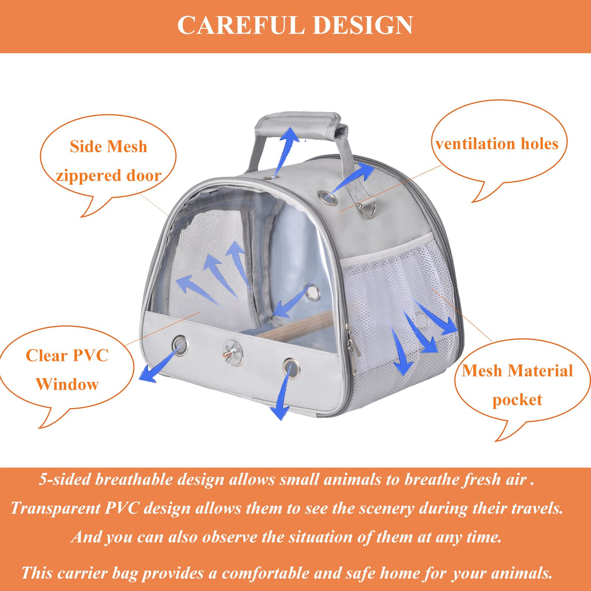 FCQQYWZ Bird Carrier Travel Cage with Stand, Small Bird Travel Carrier for Parrot with Perch, Side Access Window (Grey)