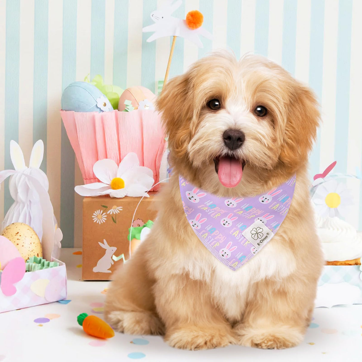 E-Clover Easter Dog Bandana & Matching Scrunchie-Bunny Dog Bandanas Pet Scarf Bib for Samll Dogs Puppy Girl Boy Owner Gift Purple