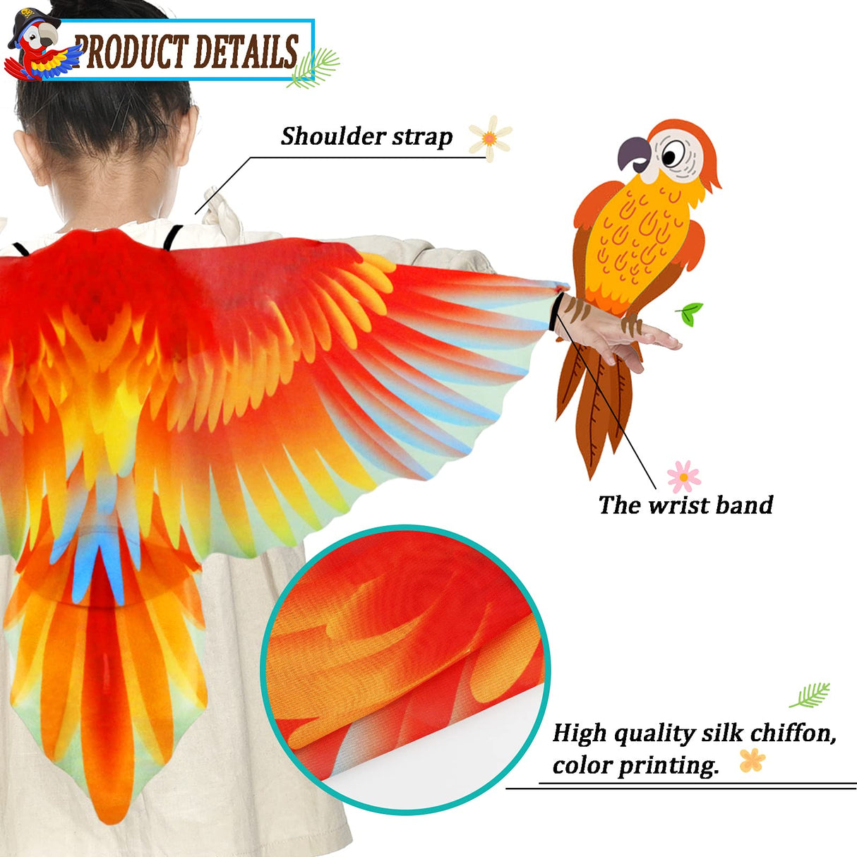 IROLEHOME Bird-Costume-Parrot-Wings for Kids with Bird Headbands, Boys Girls Eagle Dress-up Cape Halloween Party Favors Gifts