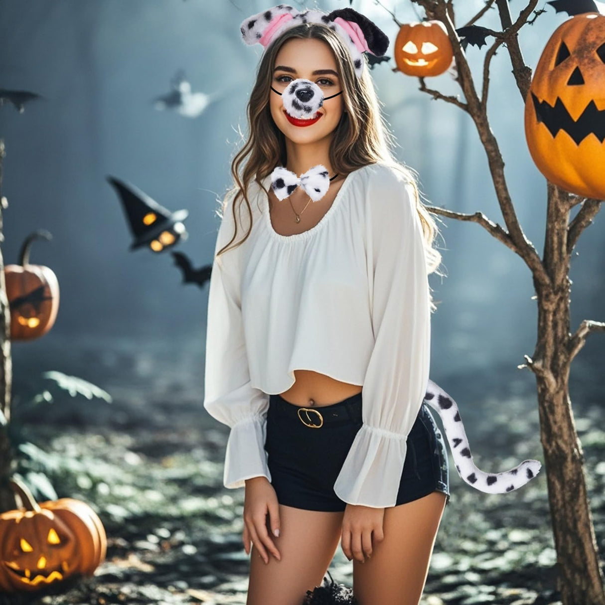 Jmkcoz 4 Pcs Dalmatian Dog Costume Set Dalmatian Puppy Dog Ears Headband Tail Nose Bow Tie for Halloween Animal Cosplay Party (White & Black)