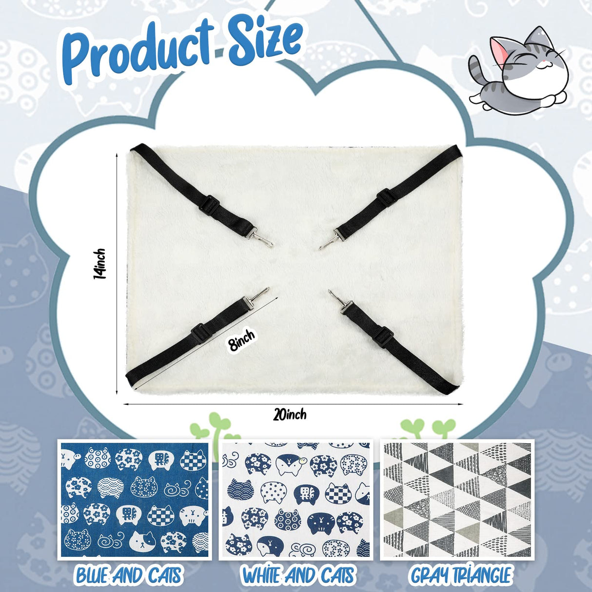 BBTO 3 Pcs Reversible Pet Hammock Soft Plush Cat Hanging Hammock Guinea Pig Bed Rat Cage Accessories for Puppy Dog Piggy Kitten Ferret Rabbit Other Small Animals(Cat)