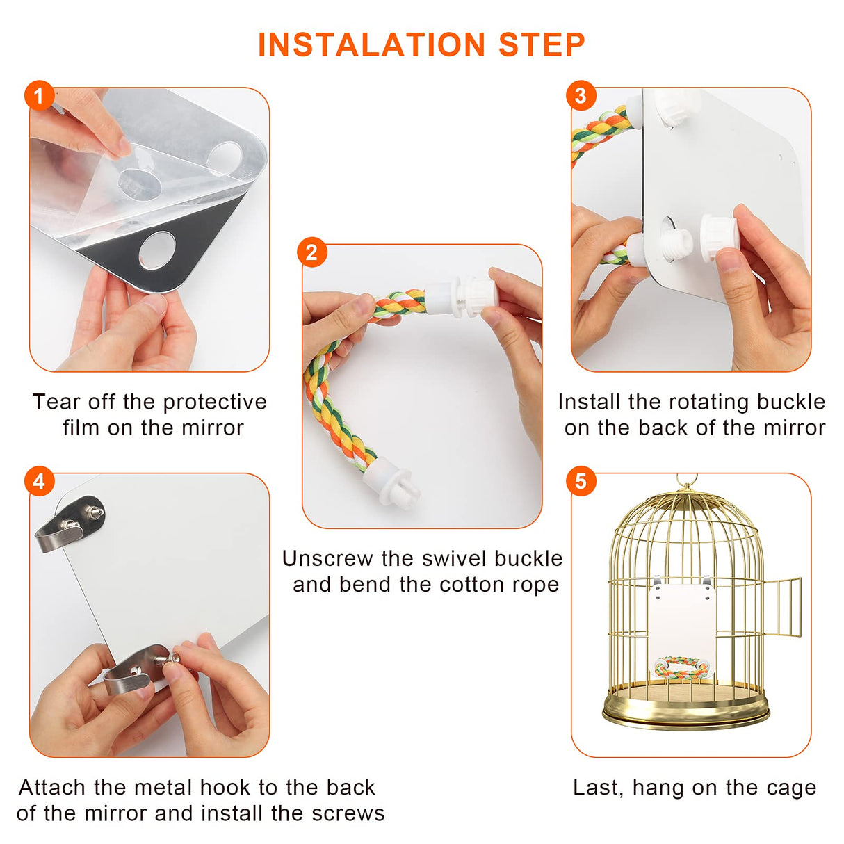 AHIER 7 Inch Bird Mirror with Rope Perch, Bird Toys Swing Parrot Grinding Stone with Bell for Parakeet Cockatoo Cockatiel Lovebirds Canaries