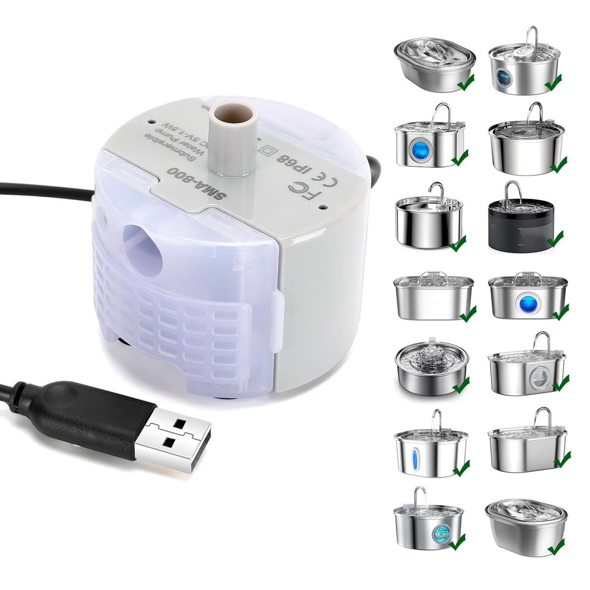 Cat Water Fountain Pump,Pet Water Fountain Pumps Replacement SMA-800 Submersible Motor,Cat Fountain Pump for Stainless Steel Cat Water Dispenser