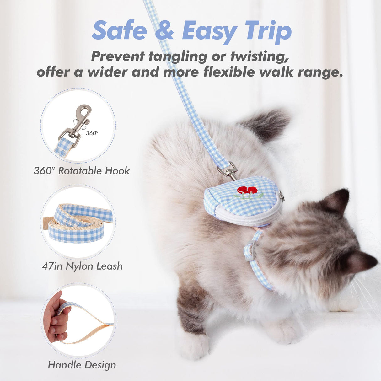 Kaqipeet Escape-Proof Cat Harness and Leash Set - Adjustable and Breathable Vest for Walking, Easy Control and Comfortable Backpack Jacket for Cats Blue (Small)…