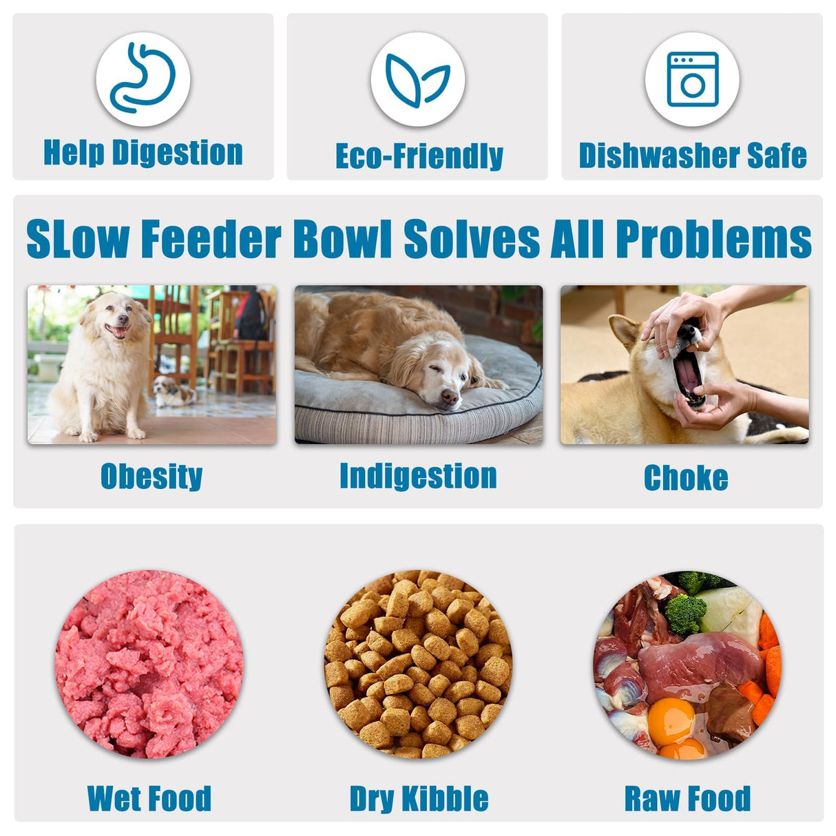 Slow Feeder Dog Bowls Small Breed, Dog Food Bowl Small Anti-Choking Bloat Stop Puzzle Healthy Eating Bowl (Blue, 1 Cup)