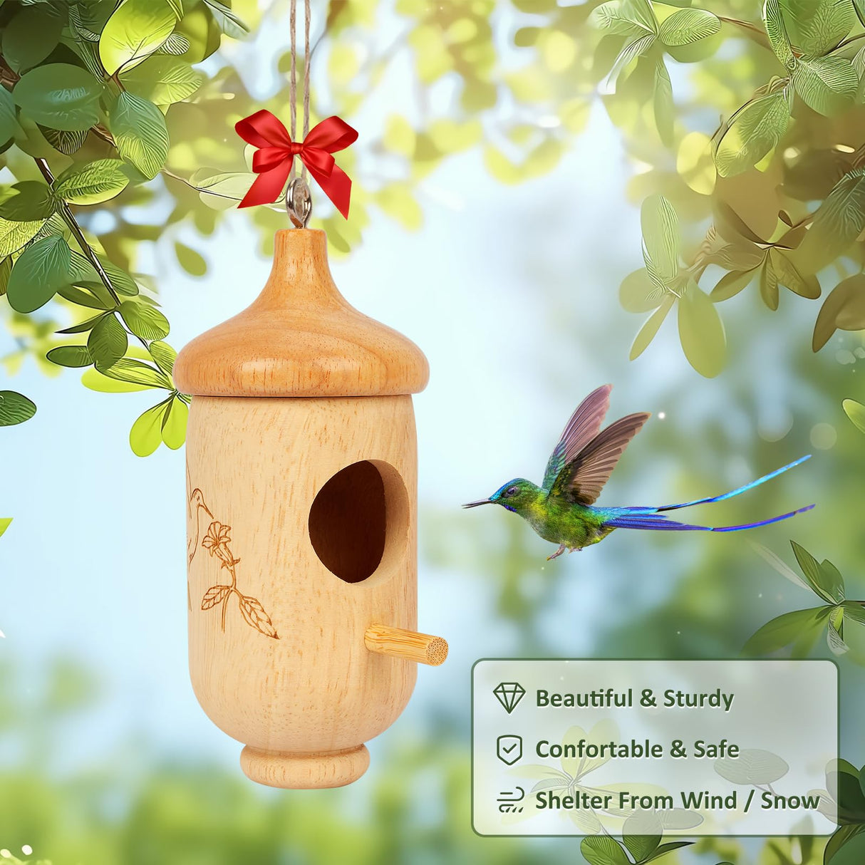 Hummingbird House, Wooden Hummingbird Houses for Outside Hanging, Nest Swinging, Wooden Bird Houses with Cotton, Bow, String, Gardening Gifts Decoration (1 Pack)