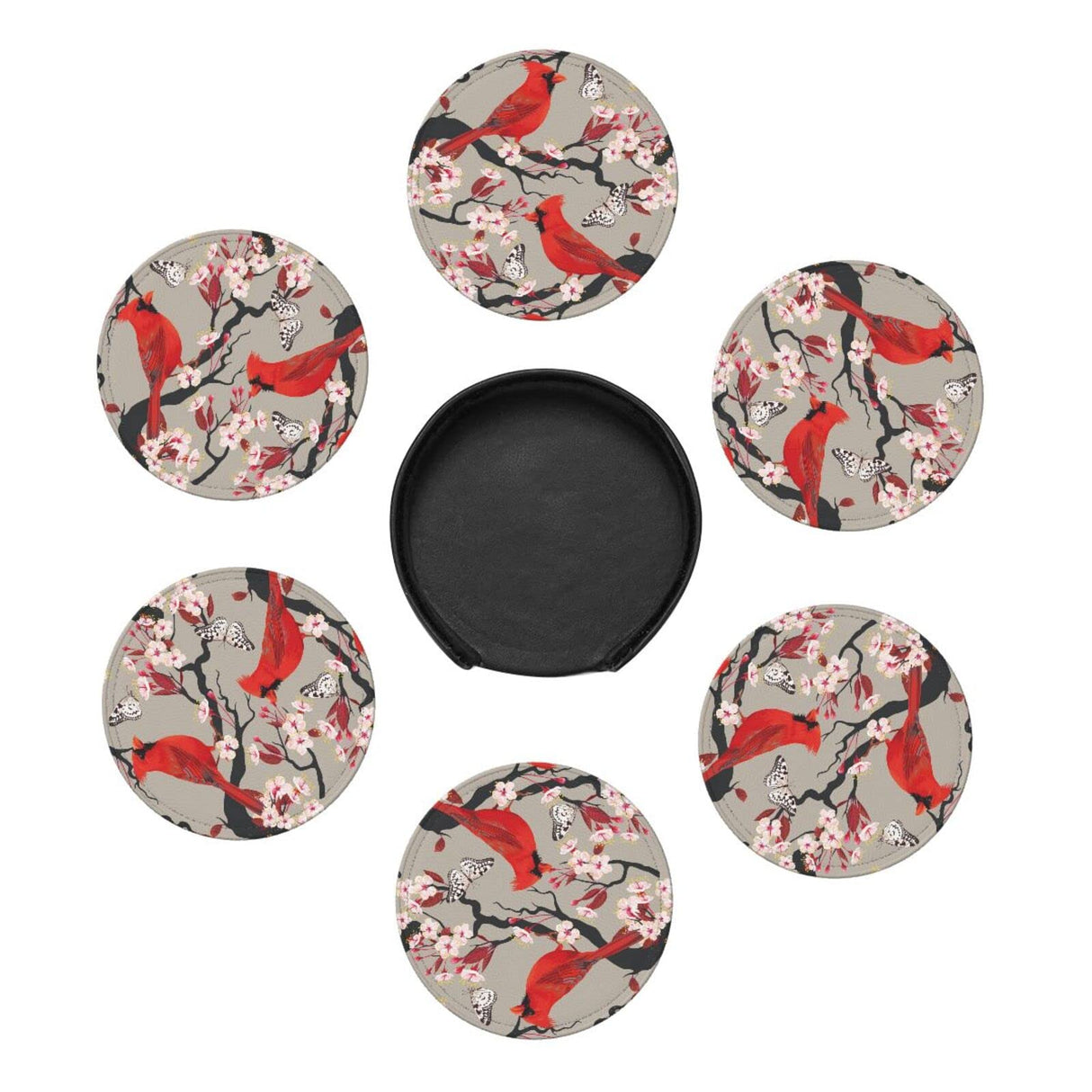 6 Pcs Leather Coasters for Drinks with Holder Red Birds Flowers Coaster Sets Drink Table Cup Coasters for Kitchen Coffee Decor