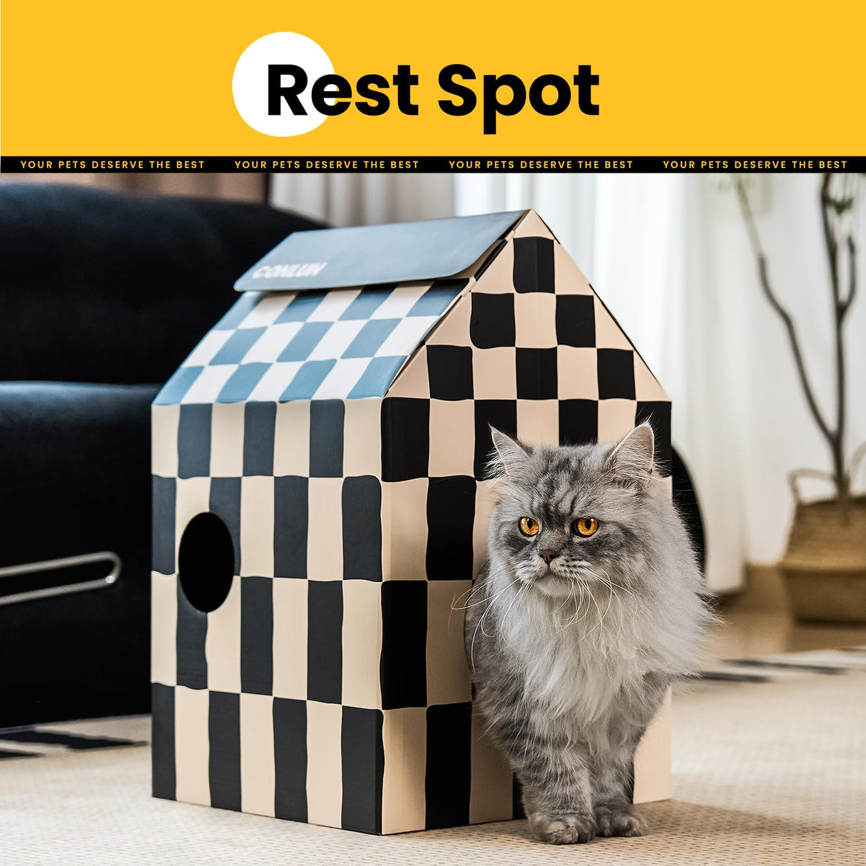 Conlun Cardboard Cat House with Scratch Pad & Catnip, Cat Play Scratching House for Indoor Hideaway Furniture, Heavy Duty Sturdy Cardboard Scratcher, Easy to Assemble Birthday Gift