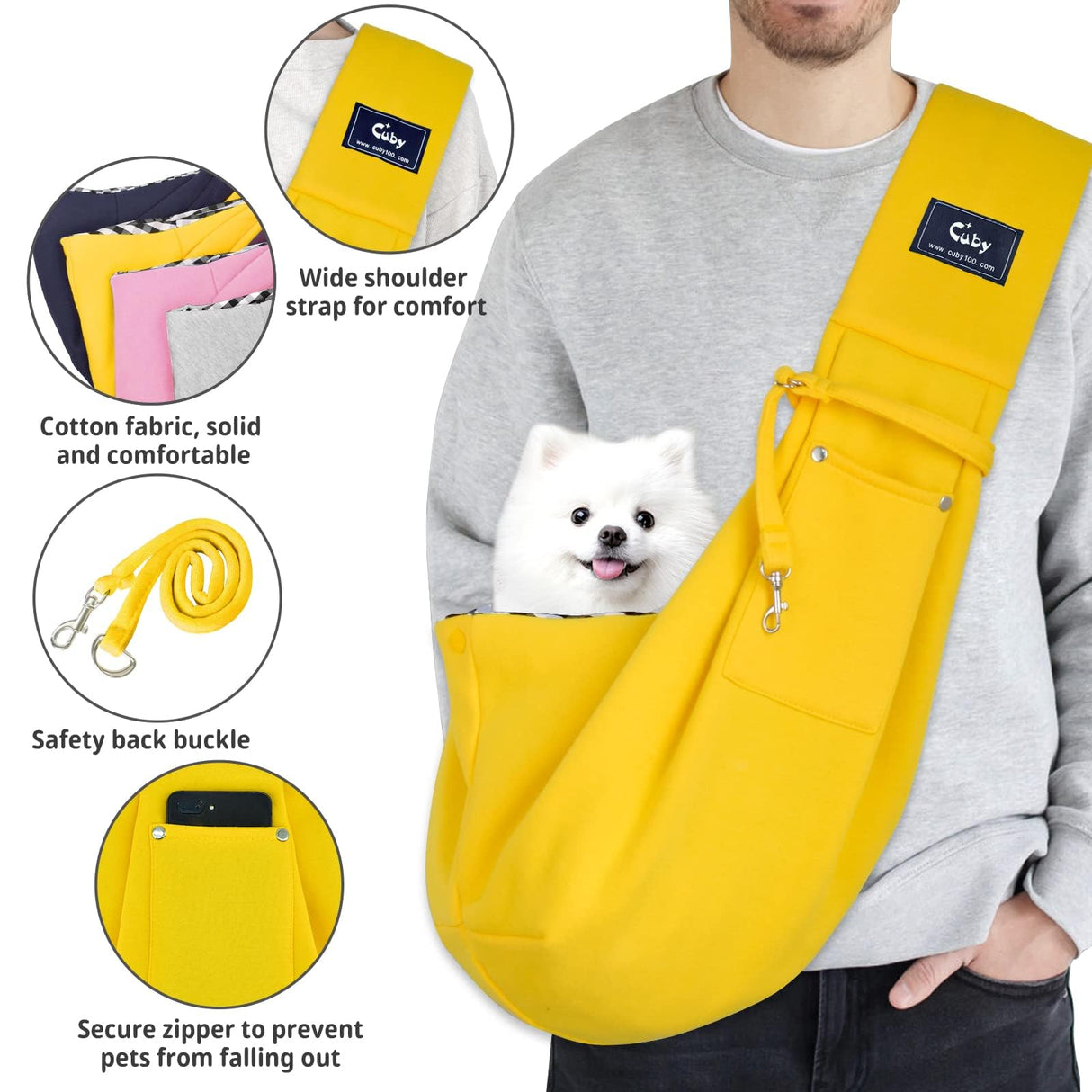 CUBY Dog and Cat Sling Carrier - Hands Free Reversible Small Pet Carrier Sling with Storage Pocket Design - Suitable for Puppy, Small Dogs Cats Outdoor Travel Walking(Yellow)