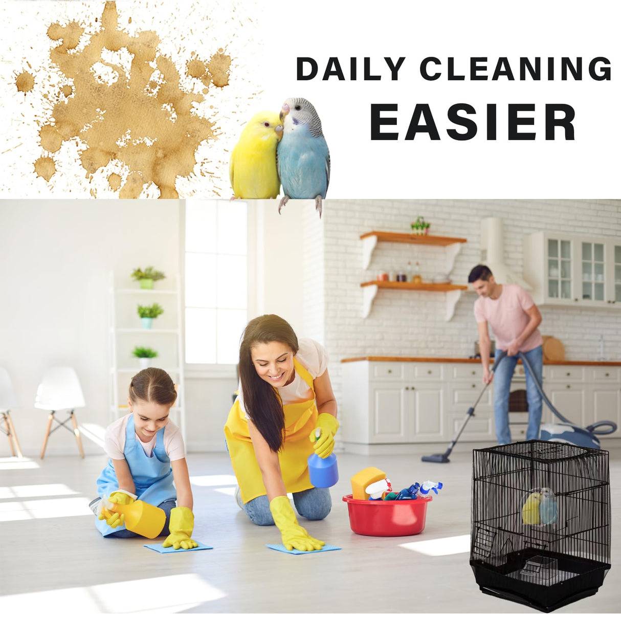 Ulifebetter Bird Cage Cover, Parakeet Cage Acessories Adjustable Seed Catcher Birdcage Seed Catcher Birds Cage Netting Bird Cage Mesh Cover for Bird Cages (Black)