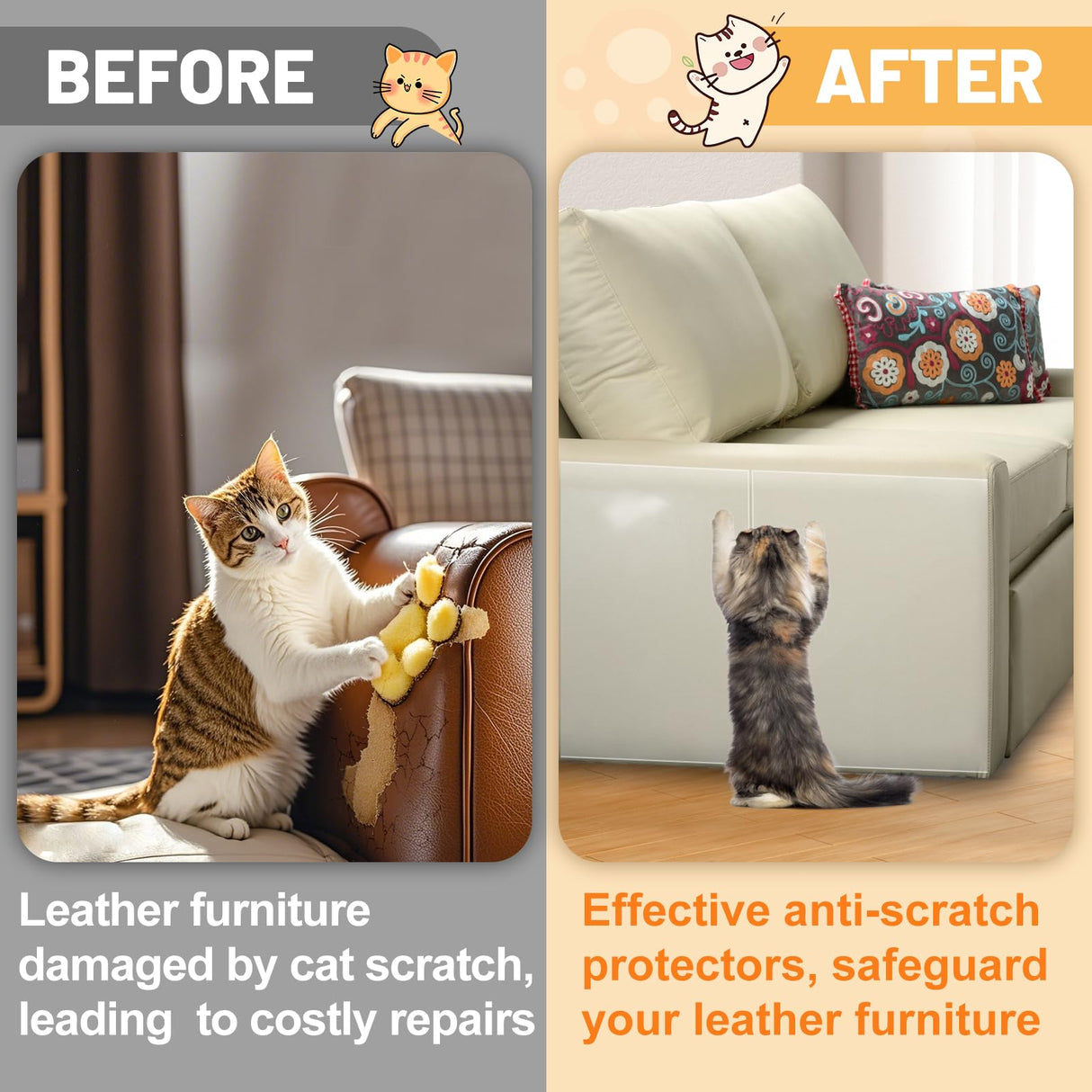 Cat Scratch Furniture Protector - Specially Designed for Leather Furniture, Easy to Remove Anti-Scratch Couch Protector from Cat, No Pins, 8 Pack