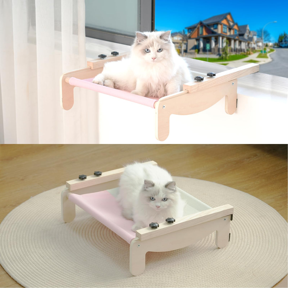 COODIA Cat Window Perch, Wooden Window Perch for Cats Inside, 2 in1 Cat Hammock for Window, Versatile Cat Window Bed, Multi Installation Place Window Cat Bed for Windowsill Bedside Drawer and Cabinet