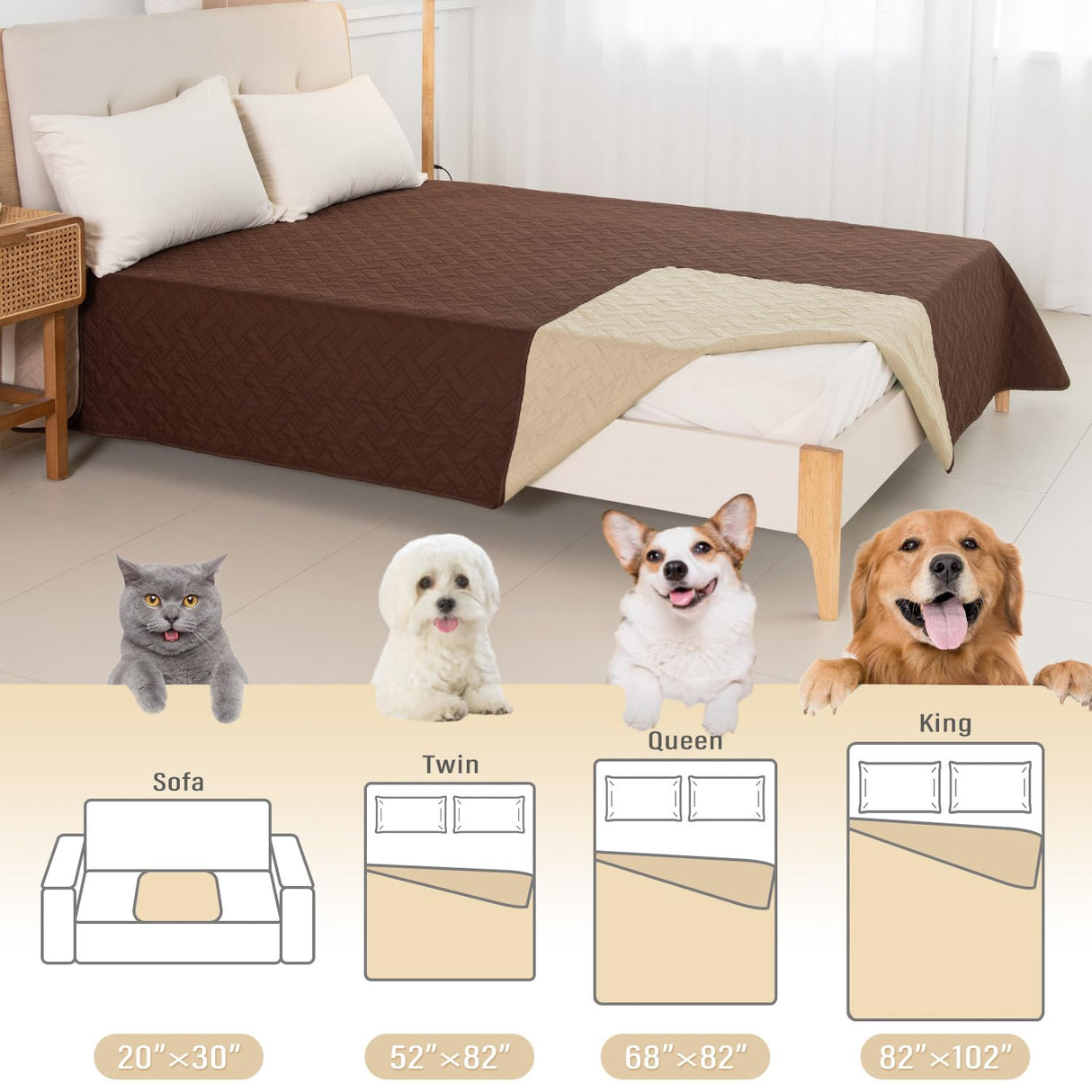 Dog Bed Cover for Pets - Blankets Rug Pads for Couch Protection Waterproof Bed Covers Dog Blanket Furniture Protector Reusable Changing Pad (Brown+Beige, 20"x30")