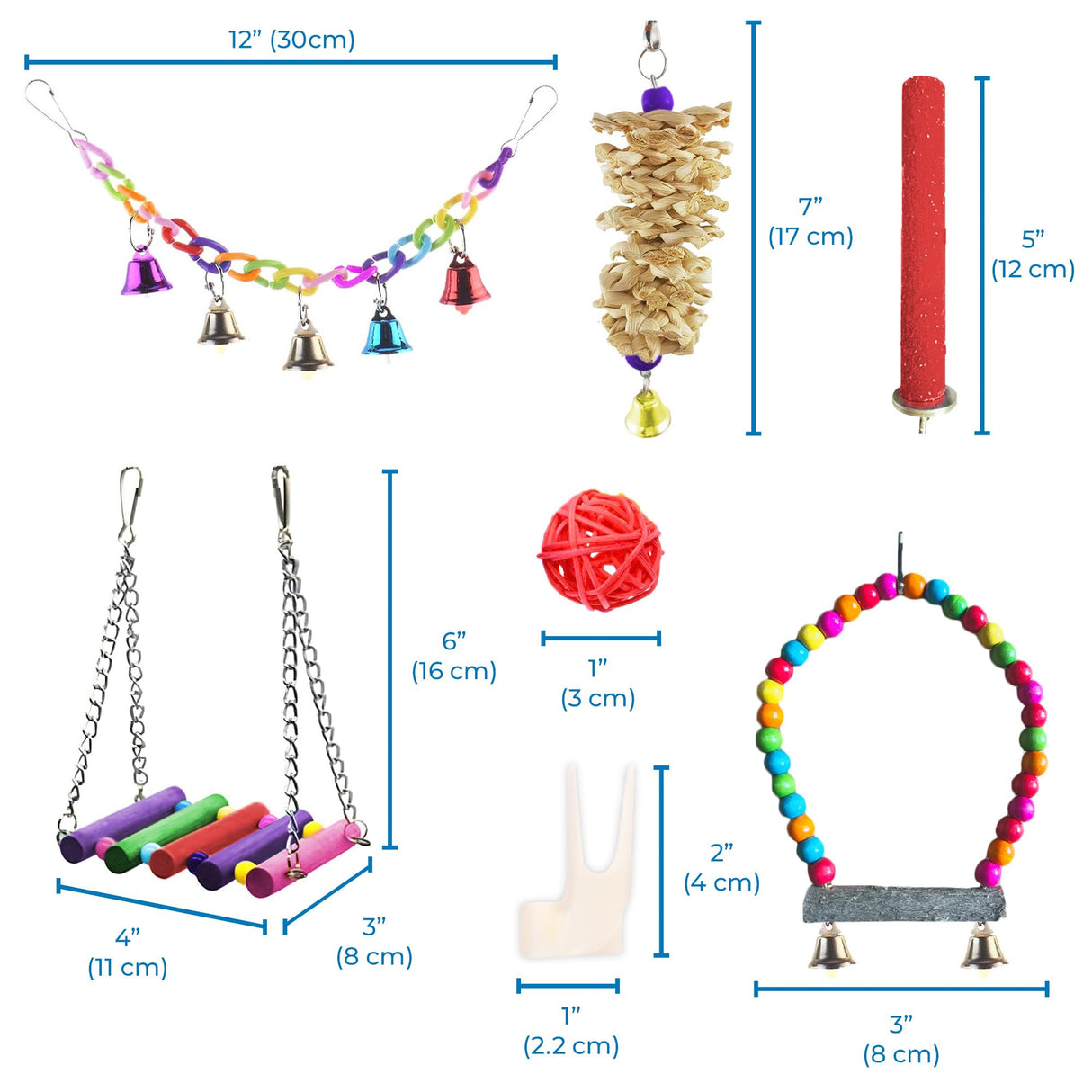 SunGrow Parrot Swing and Perch Bundle, Keep Birds from Hatching Plans for World Domination with Joyful Colorful Items for Love Birds, Conures, Cockatiels, Finches, Parakeets, 12 Pieces