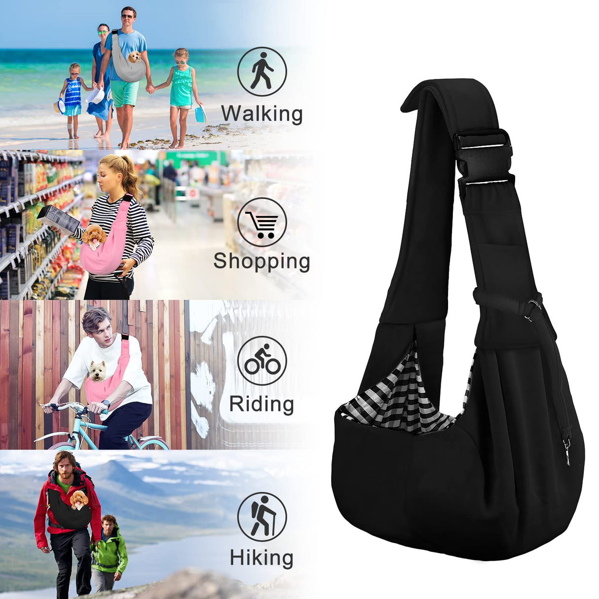 PETLOFT Reversible Dog Cat Sling Carrier, Small Dog Carrier, Adjustable Dog Sling, Hands Free Cross Body Carrier with Collar Hook for Dog/Cat/Bunny up to 11lb, Black