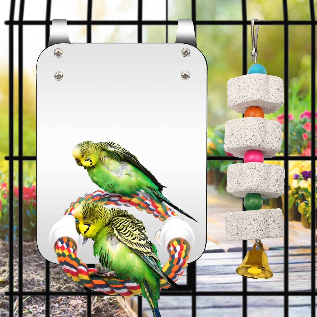 Catcan Bird Cage Mirror, Bird Mirror with Perch Rope for Cage Cockatiels Cotton Rope Standing Bar Parrot Mirror with Parrot Molar Toy Pendant