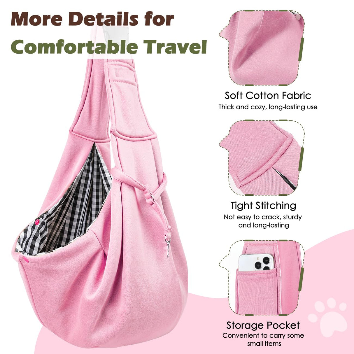 Pawaboo Small Dog Sling Carrier, Reversible Hands Free Dog Sling Carrier for Small Dogs Cats, Puppy Sling Carrier with Adjustable Strap Buckle & Safety Harness, Puppy Essentials, Pink