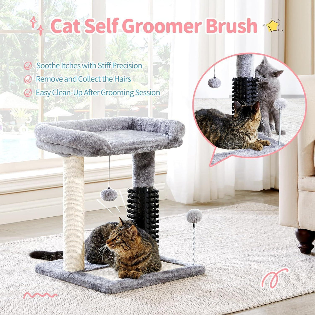 Small 4-in-1 Cat Tree Tower With Self-grooming Brush And Natural Sisal Scratching Post, Soft Plush Cat Bed And Hanging Ball, Suitable For Indoor Kittens