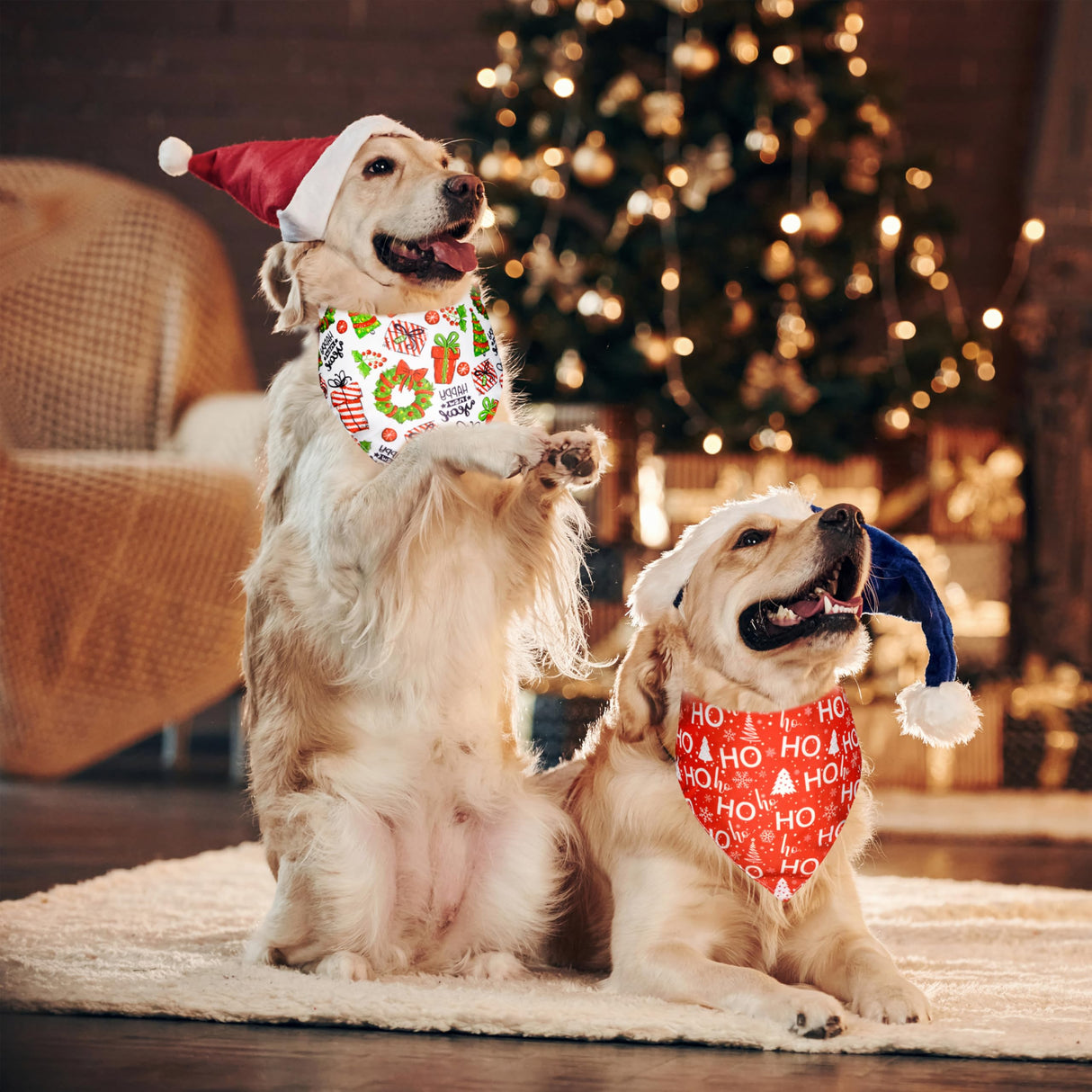 2 Pack Christmas Dog Bandana, Holiday Cat Bandana Flower and Christmas Tree for Small Medium Large Dogs Puppies Pets