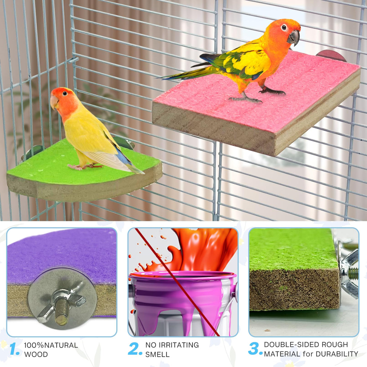 kathson Bird Perch Platform, Parrot Sanded Stand Wooden Corner Shelf Fan Shaped Cage Playground for Parrots Conures Budgies Parakeets Cockatiels Lovebirds