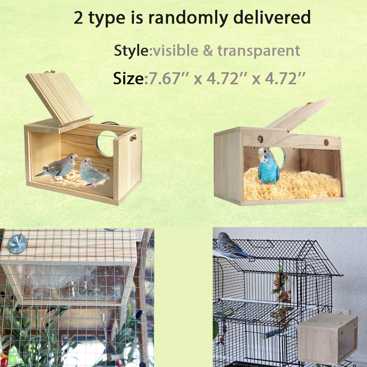 MUYG Transparent Parakeet Nesting Box,Wooden Parrot Nest Breeding Box with Perch Natural Bird House for Cage Suitable for Lovebirds Cockatiels Canaries