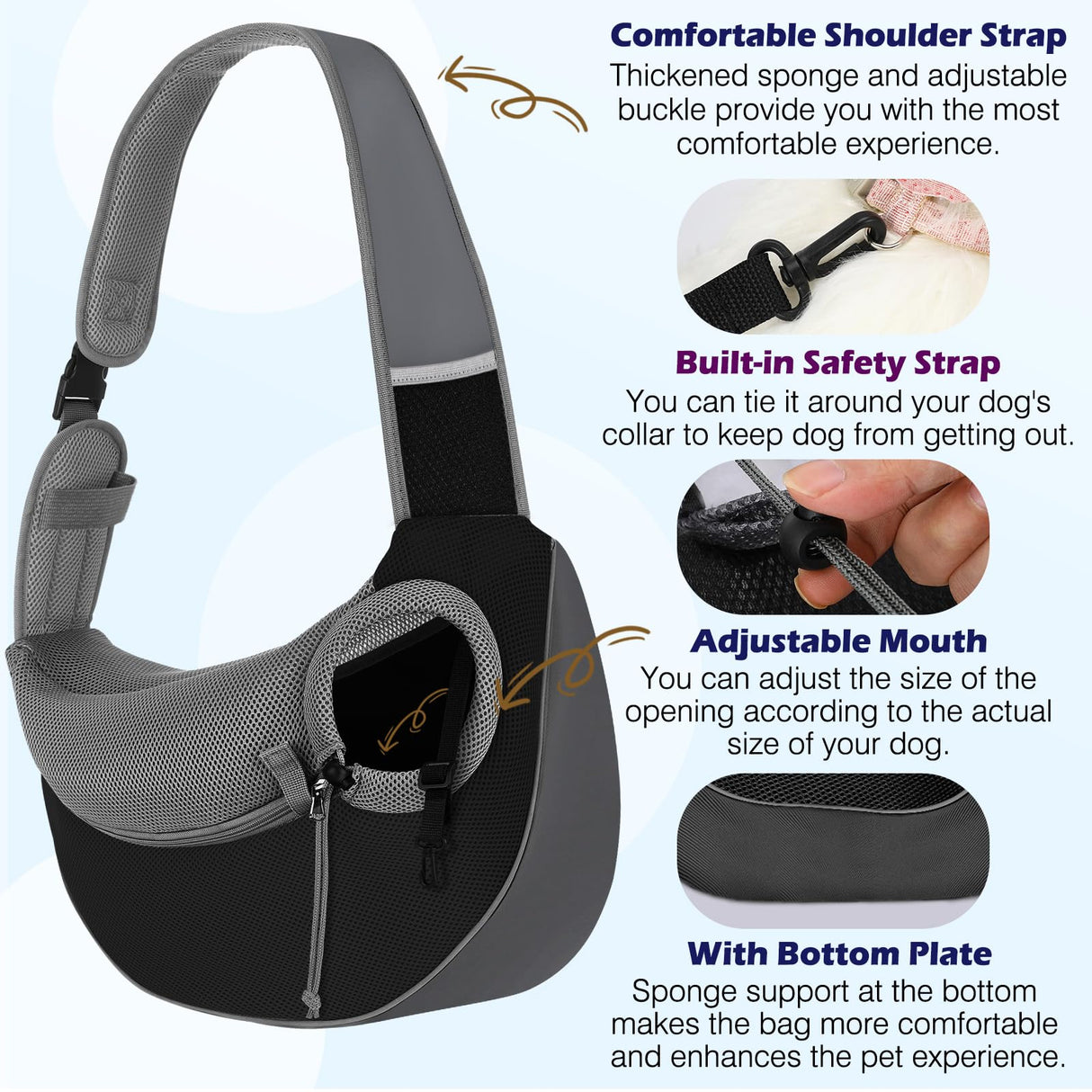 Pawaboo Pet Dog Sling Carrier, Hand Free Drawstring Dog Papoose with Adjustable Strap, Breathable Mesh Bag for Puppy Cat, Crossbody Satchel Dog Purse with Pocket for Outdoor, Dark Gray+Black, Small