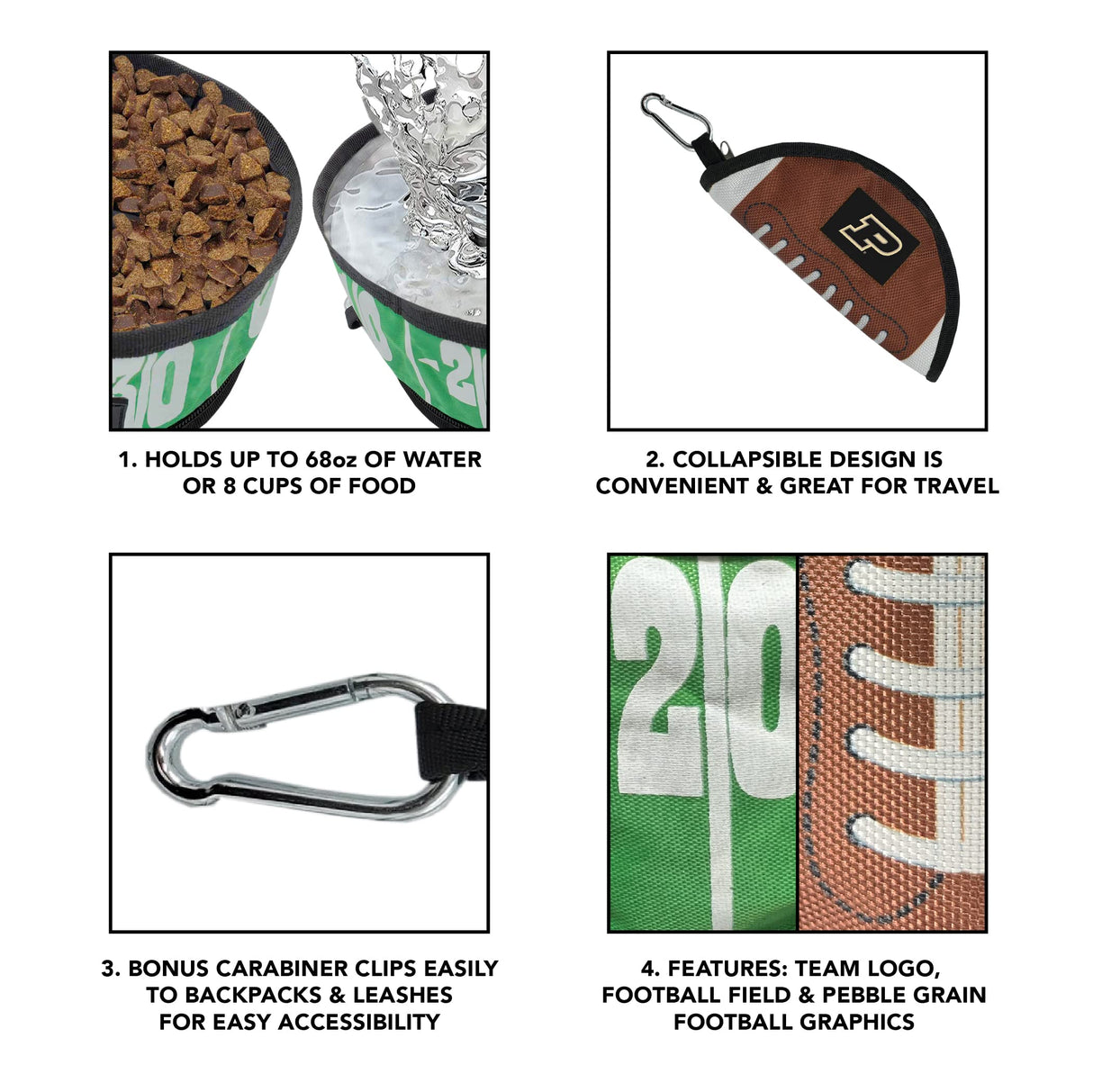 Pets First NCAA Purdue Boilermakers Collapsible Dog Travel Bowl, Food and Water Bowl for Dogs & Cats. Lightweight Leak-Proof Pet Bowl for Travel with Football Field & Pebble-Grain Design