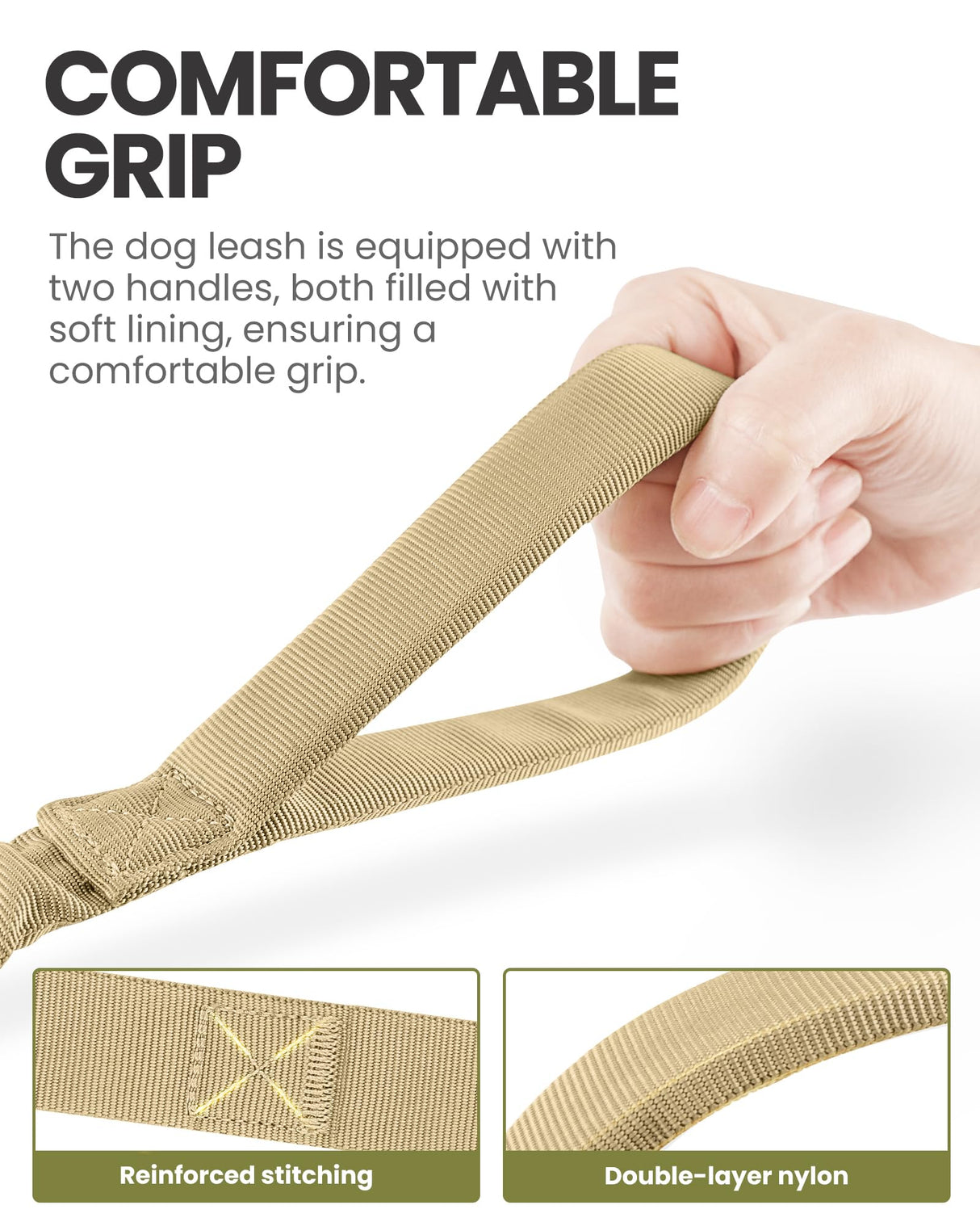 OutdoorMaster Bungee Dog Leash, Heavy Duty Dog Leash with Shock Absorption, 2 Padded Handles Training Leash, Improved Dog Safety and Comfort - Khaki Upgraded, 4 FT