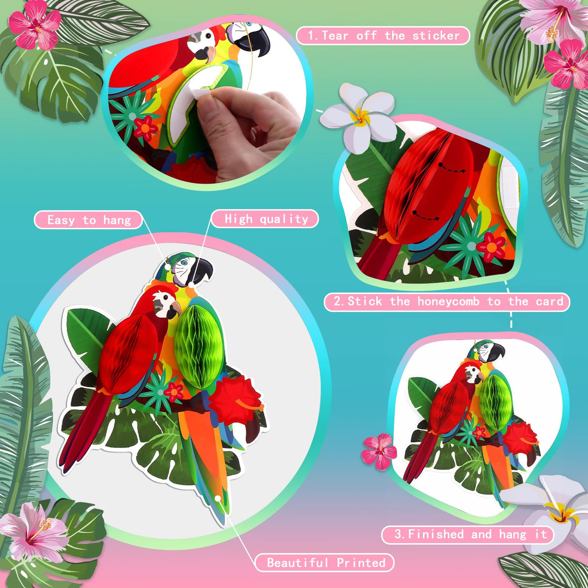6 Pieces Tropical Birds Parrot Honeycomb Cutouts - Hawaiian Luau Tropical Party Decorations for Summer Beach Jungle Safari Rainforest Theme Birthday Party Home Classroom Décor