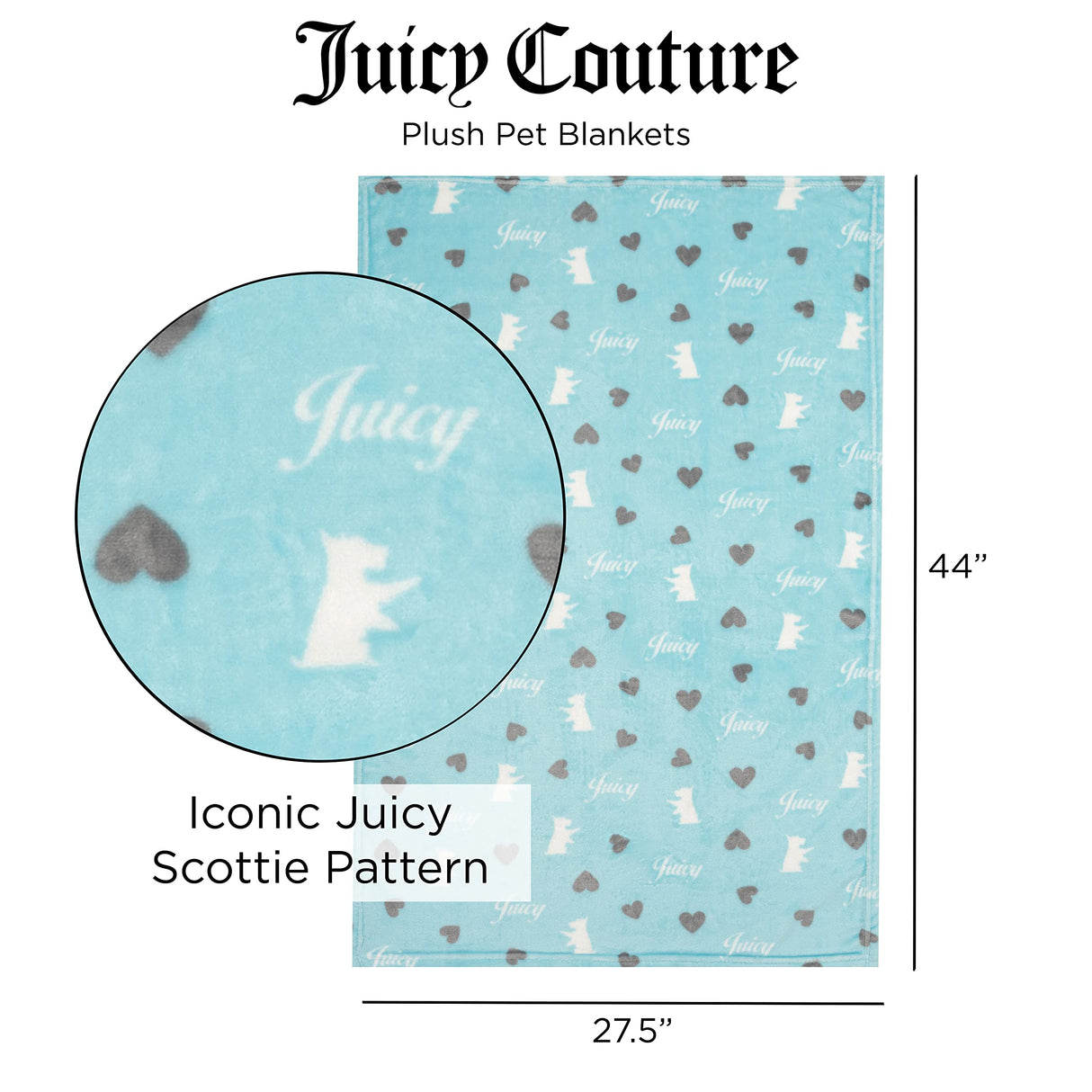 Juicy Couture Plush Flannel Pet Throw Blanket, Turquoise Juicy Scottie Hearts
