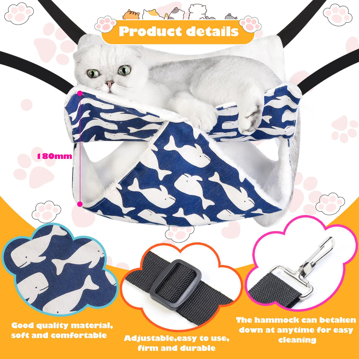 Mengbei tribe Cat Hammock for Cage Hanging Cat Bed with Adjustable Strap and Metal Hooks, for Winter and Summer Use - Small Animals Soft Sleeping Hammock Accessory