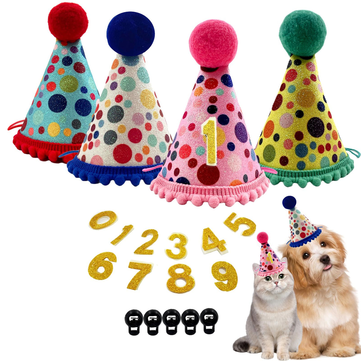 Arogheiz 3/4/5Pcs Small Cats Dogs Birthday Hats Set,Kitten Puppies Party Decoration Hats Grooming Accessories (4 Pcs Dot Print)