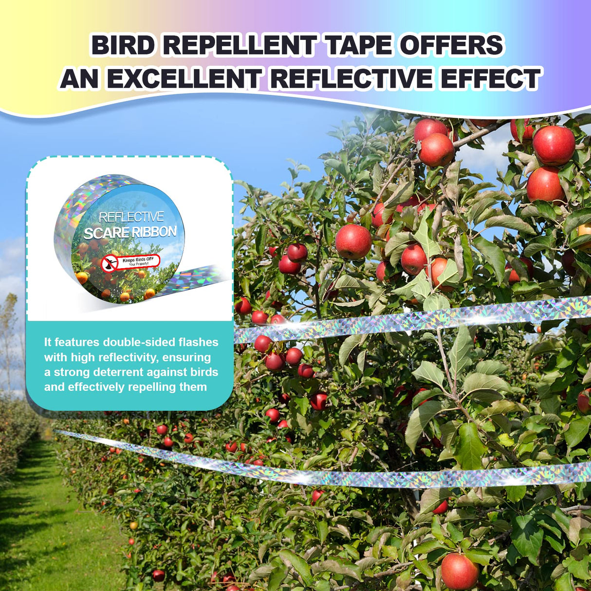 Hutisyoe Bird Scare Tape Ribbon(524FT) - Reflective Tape for Birds - Keep Birds Away Outdoor - Scare Tape for Bird Control - Double Side Ribbon, Scare Geese, Pigeon, Duck, Woodpecke - Yard Decoration