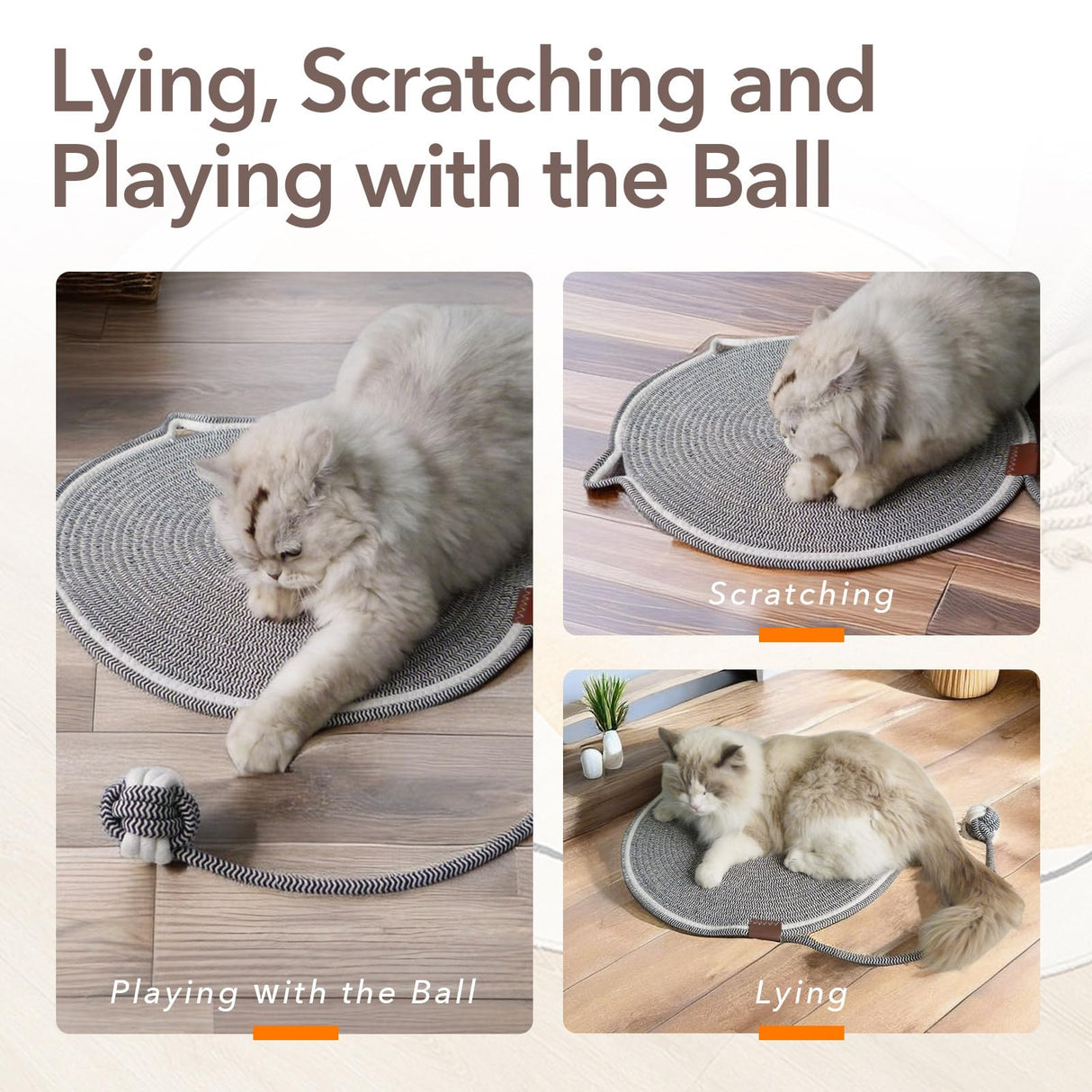 GooCare Cat Toy Scratcher Mat with Ball, 17" Size Natural Cotton Rope Dual Scratching Pad for Indoor Cats, Portable Furniture Protector for Wall, Carpets, Hand Washable (Yellow, 17"*17")