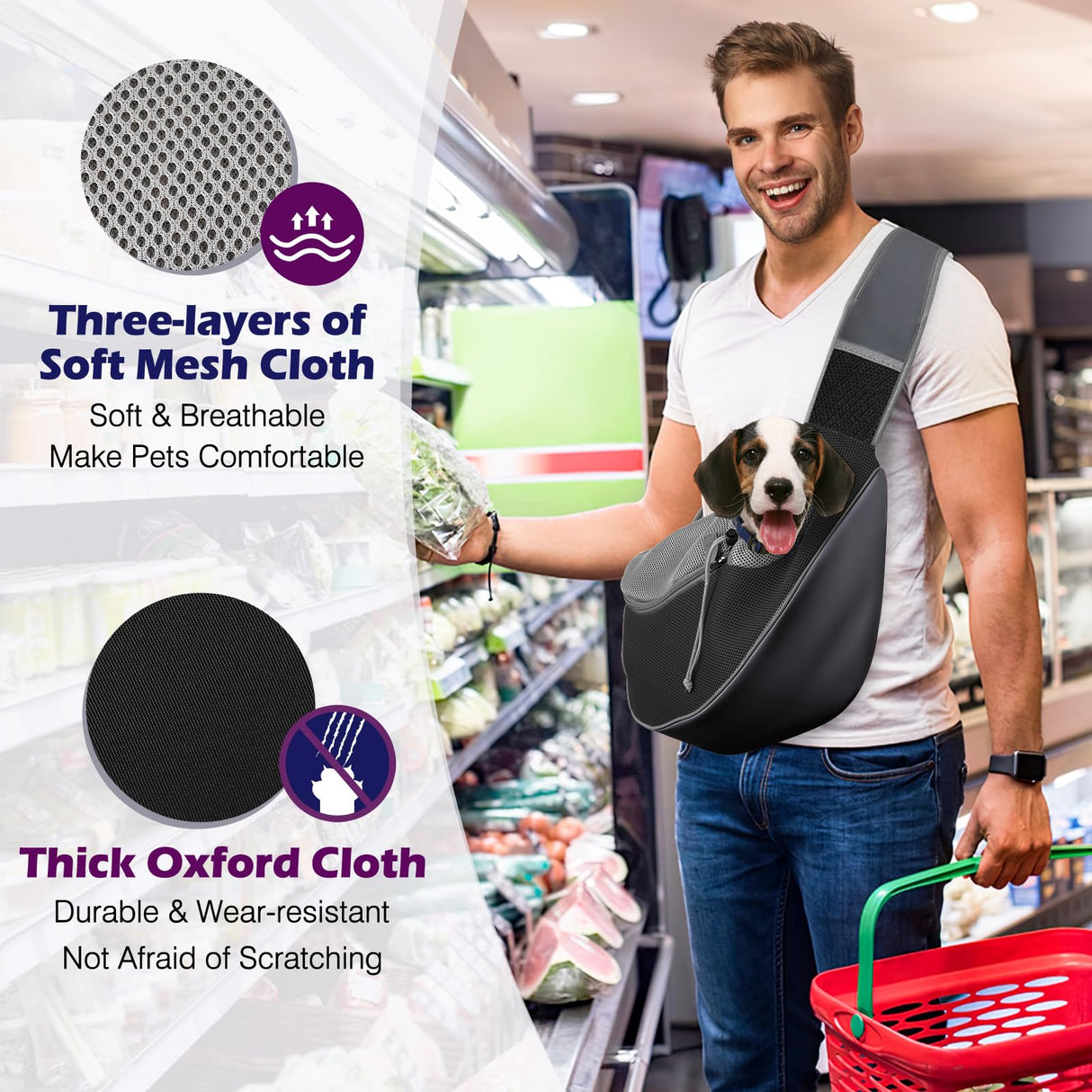 Pawaboo Pet Dog Sling Carrier, Hand Free Drawstring Dog Papoose with Adjustable Strap, Breathable Mesh Bag for Puppy Cat, Crossbody Satchel Dog Purse with Pocket for Outdoor, Dark Gray+Black, Small