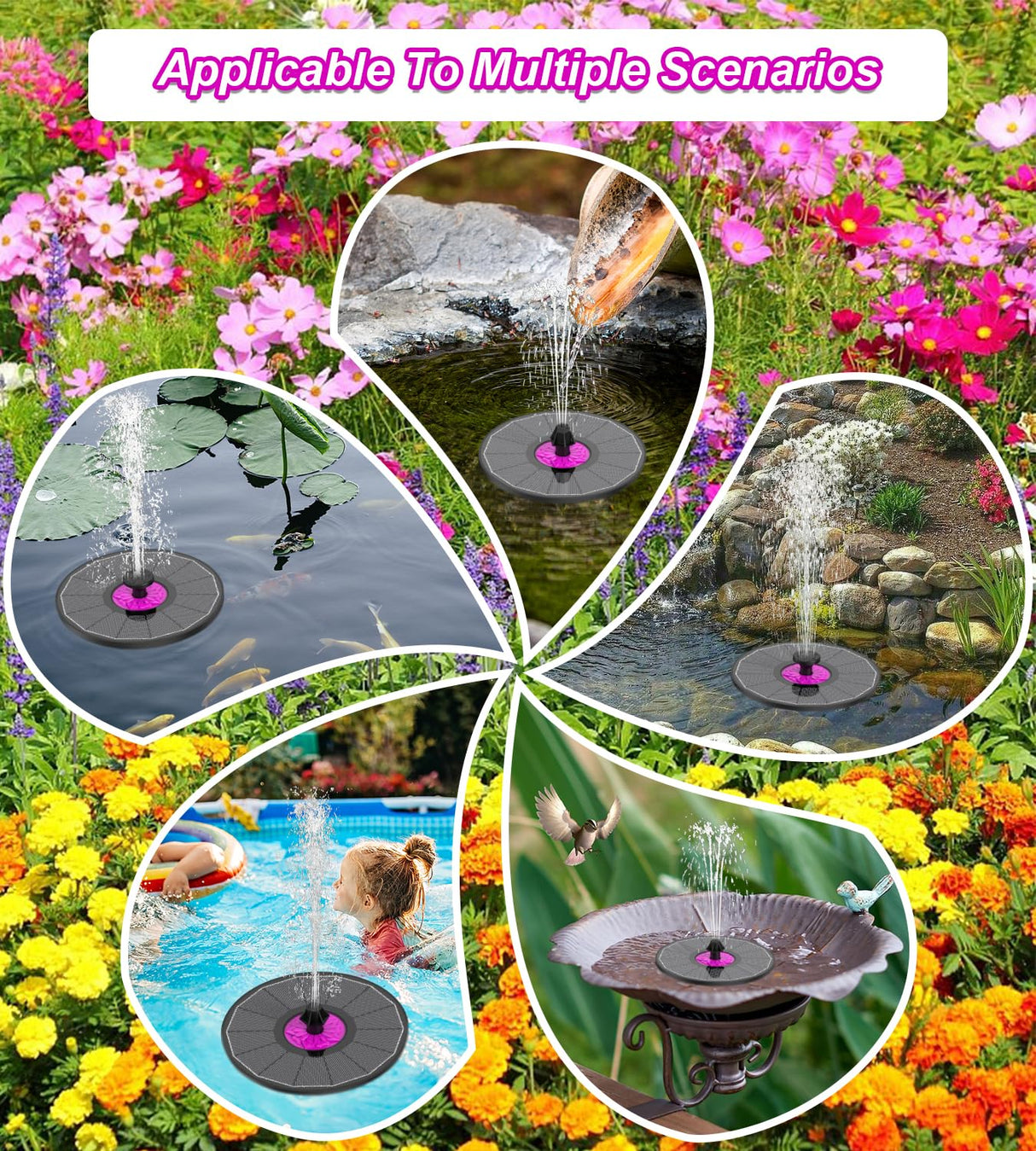 SZMP Solar Fountain 3.5W Bird Bath Fountains with Rosy Flower, 100% Glass Panel, Solar Powered Water Fountain with 7 Nozzles, for Pool, Pond, Garden, Outdoor (Black)