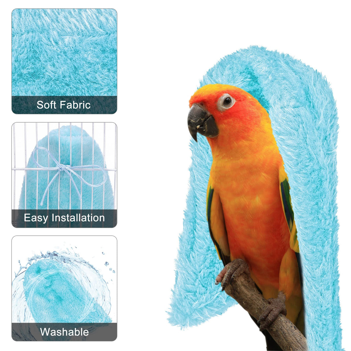 Filhome Comfort Corner Fleece Bird Blanket Parrot Cage Snuggle Hut Warm Bird Nest House Bed Hanging Hammock Toy for Parakeet Cockatiel Pigeon Small Animals Shelter Plush Bedding(Blue/M)
