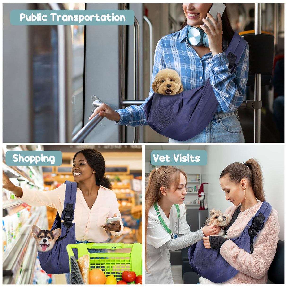 Avont Dog Sling for Small Dog Cats Under 15lbs, Hands-Free Crossbody Pet Carrier with Adjustable Padded Strap Extra Pocket, Safe Soft Pouch Bag for Puppies' Walks Outings -Denimblue