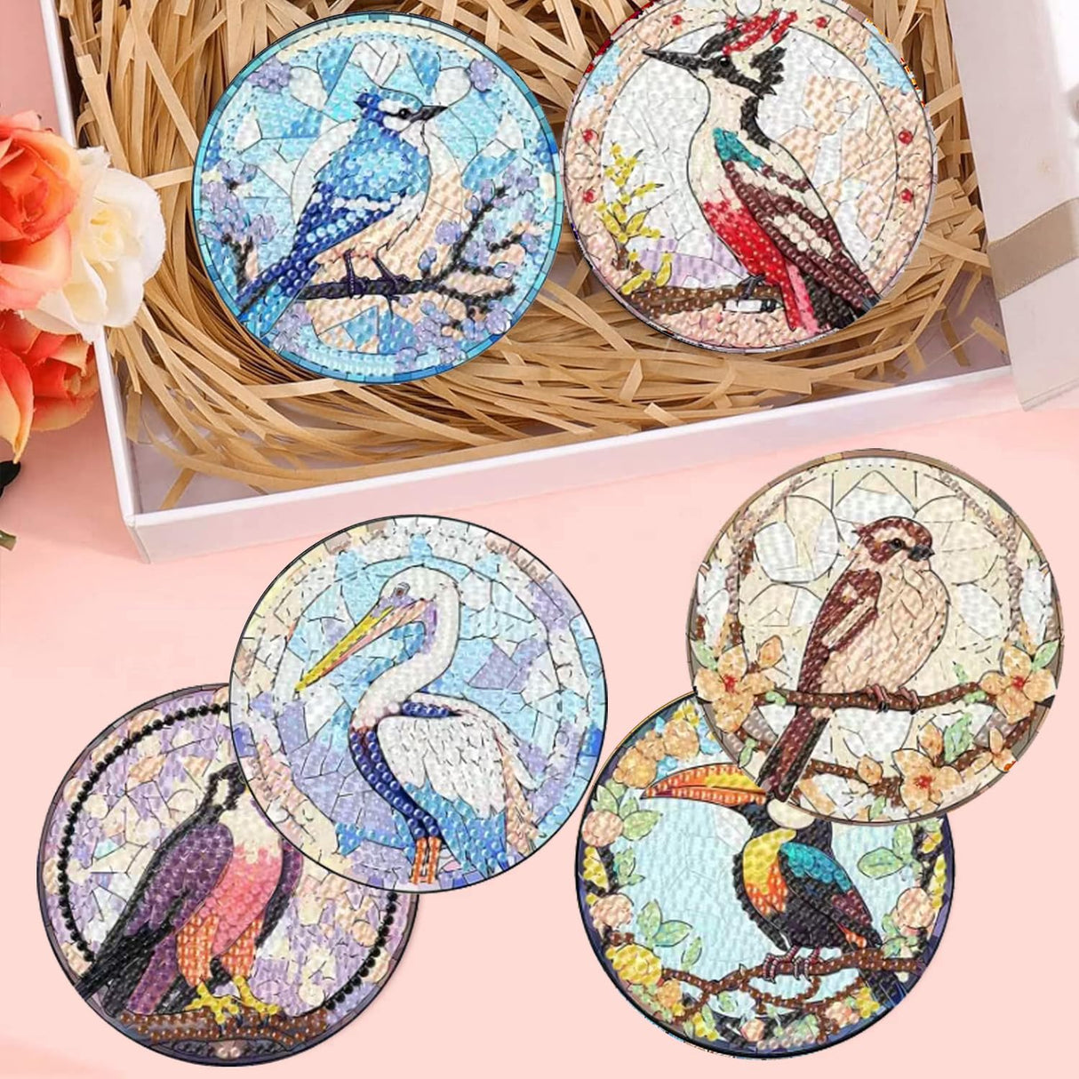 croshom 8 PCS Birds Diamond Art Coasters Diamond Painting Coasters Kits with Holder, Birds DIY Coasters for Adult Beginners, Diamond Art Crafts Supplies