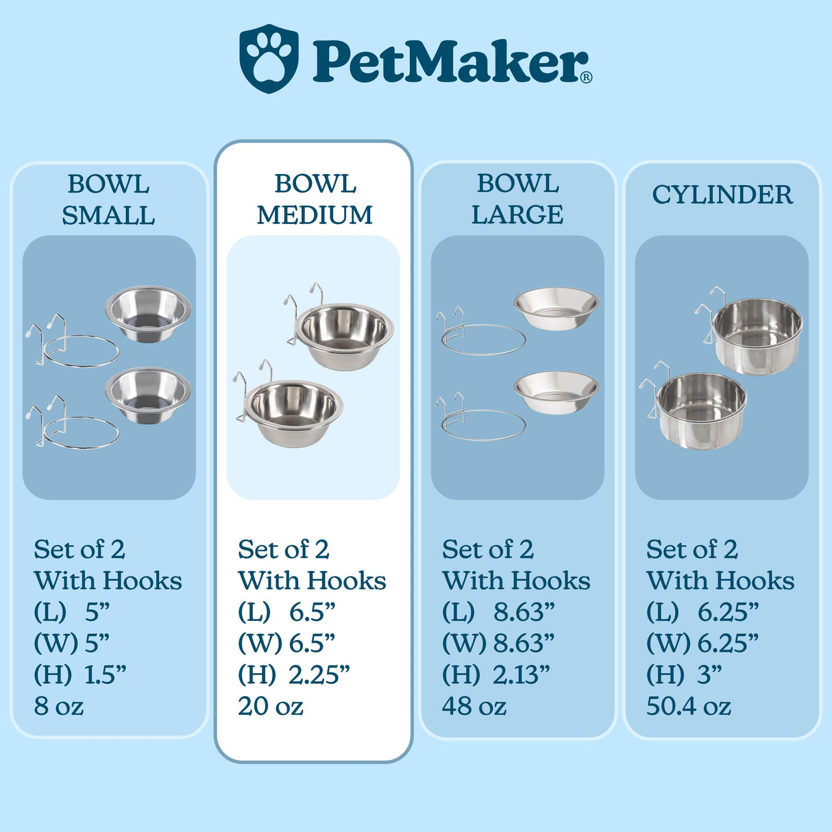 Set of 2 Stainless-Steel Dog Bowls - Cage, Kennel, and Crate Hanging Pet Bowls for Food and Water - 20oz Each and Dishwasher Safe by PETMAKER,Silver