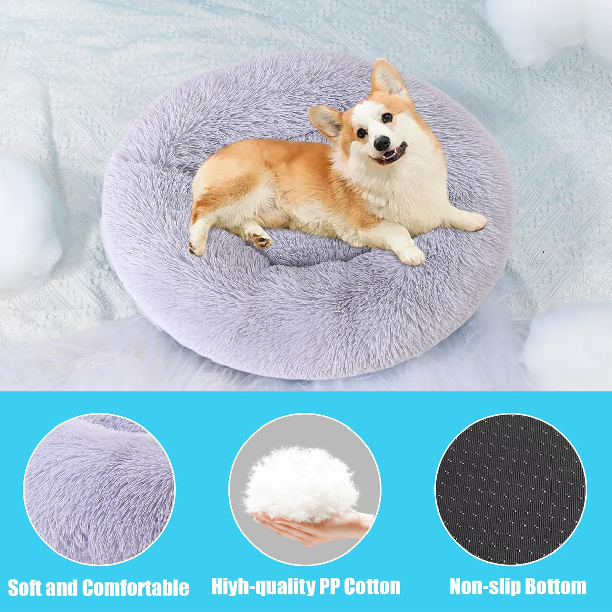 HYQ Small Dog Bed, Cat Beds for Indoor Cats, Pet Beds for Small Dogs, Fluffy Faux Fur Plush Small Dog Bed, Washable Puppy Bed with Anti-Slip Bottom, Dog Bed Small Size Dog (Light Gray, 20 Inch)