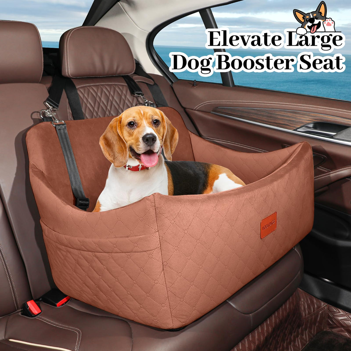 Wooaidagg Dog Car Seat for Medium & Large Dogs Up to 55lbs, Memory Foam Cushion, Washable Cover, Safety Straps & Non-Slip Base (Brown, Large)