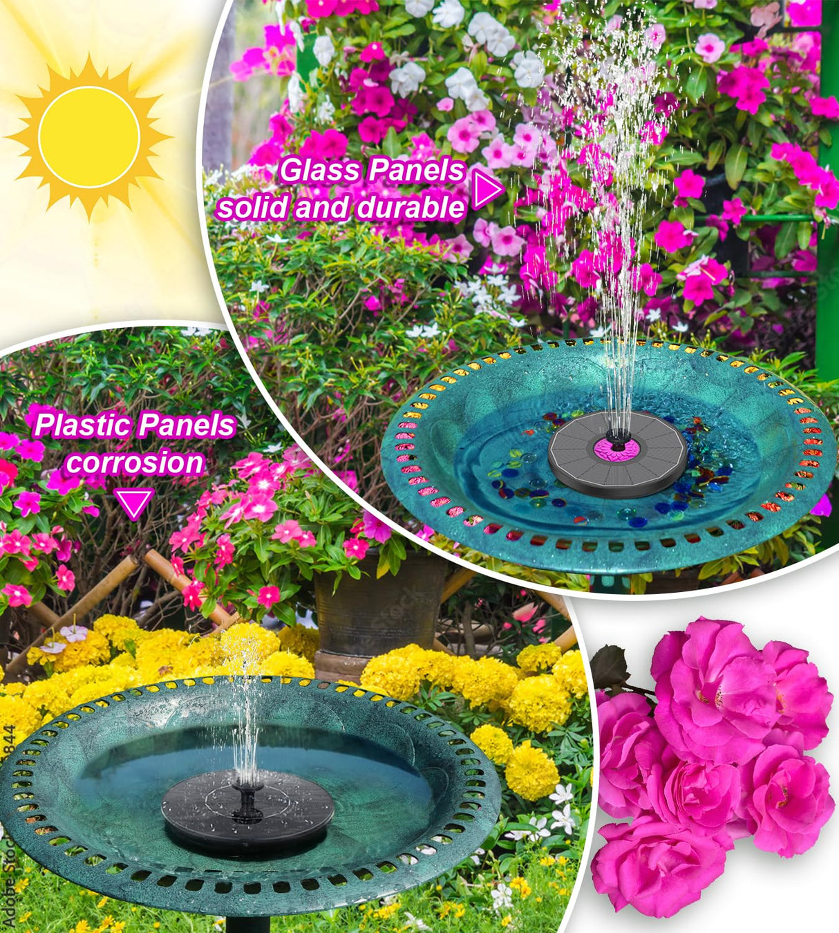 SZMP Solar Fountain 3.5W Bird Bath Fountains with Rosy Flower, 100% Glass Panel, Solar Powered Water Fountain with 7 Nozzles, for Pool, Pond, Garden, Outdoor (Black)