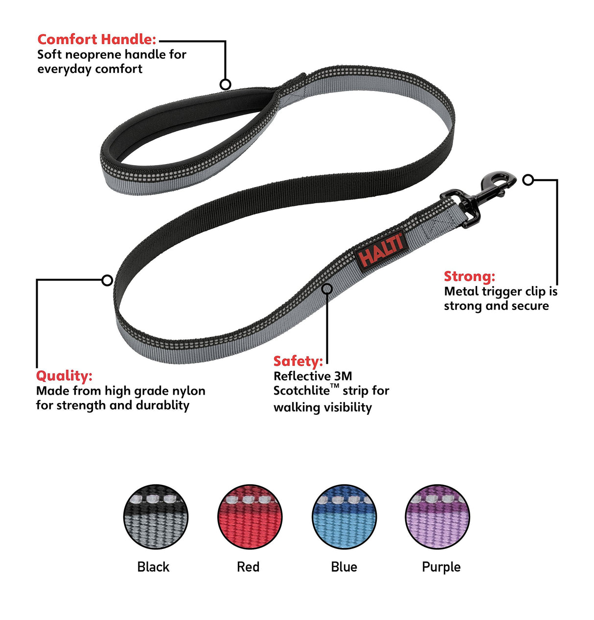 HALTI Leash for Dogs - Premium Nylon Puppy & Dog Leash, Reflective Neoprene-Padded Handle, Comfortable & Easy to Use. Suitable for Medium & Large Dogs (Size Large, Black)