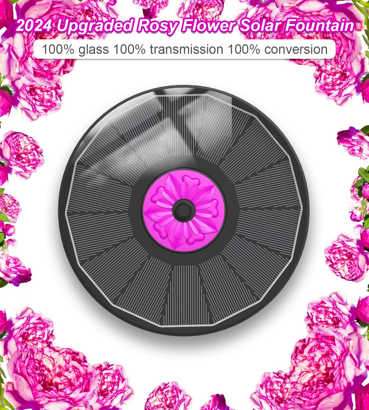 SZMP Solar Fountain 3.5W Bird Bath Fountains with Rosy Flower, 100% Glass Panel, Solar Powered Water Fountain with 7 Nozzles, for Pool, Pond, Garden, Outdoor (Black)