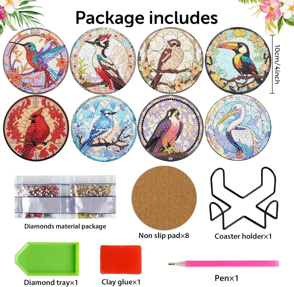 croshom 8 PCS Birds Diamond Art Coasters Diamond Painting Coasters Kits with Holder, Birds DIY Coasters for Adult Beginners, Diamond Art Crafts Supplies