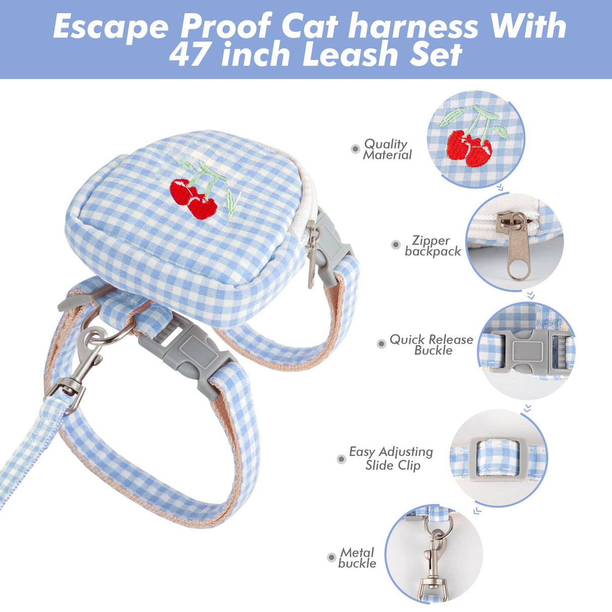Kaqipeet Escape-Proof Cat Harness and Leash Set - Adjustable and Breathable Vest for Walking, Easy Control and Comfortable Backpack Jacket for Cats Blue (Small)…