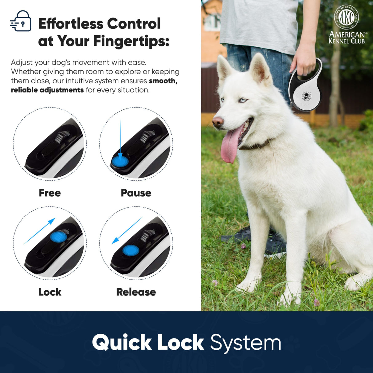 American Kennel Club Retractable Dog Leash, 16.4ft, Tangle-Free, Ergonomic Grip, One-Hand Brake, for Medium & Large Dogs up to 66
